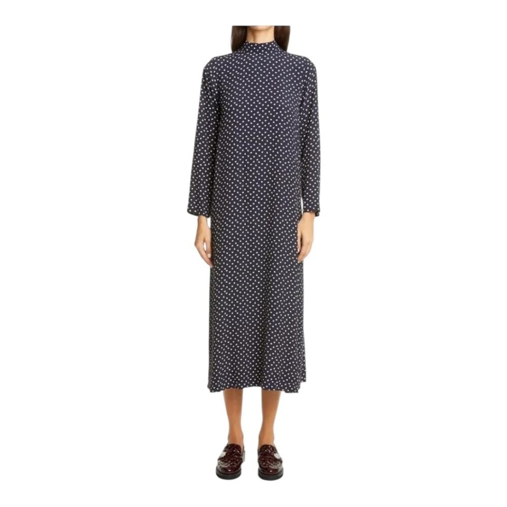 Ganni Heart Print Polka Crepe Long Sleeve Midi Dress Navy Blue EU 38/US 6